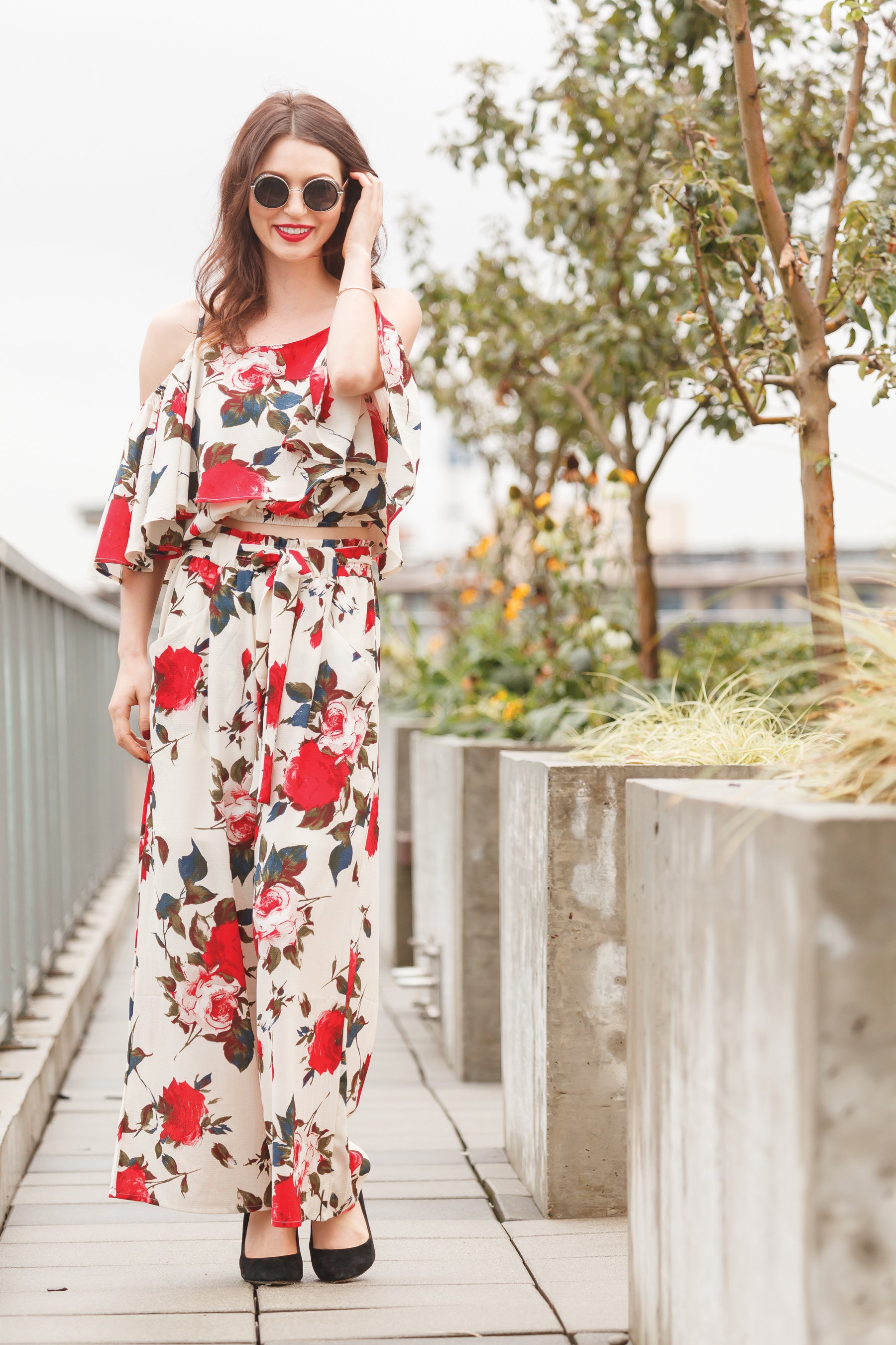 Cream Rose floral Print Wide Leg Paperbag Waist