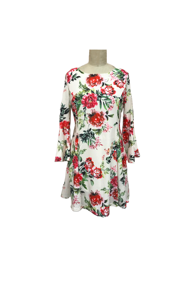 Cream Floral Bell Sleeve Dress