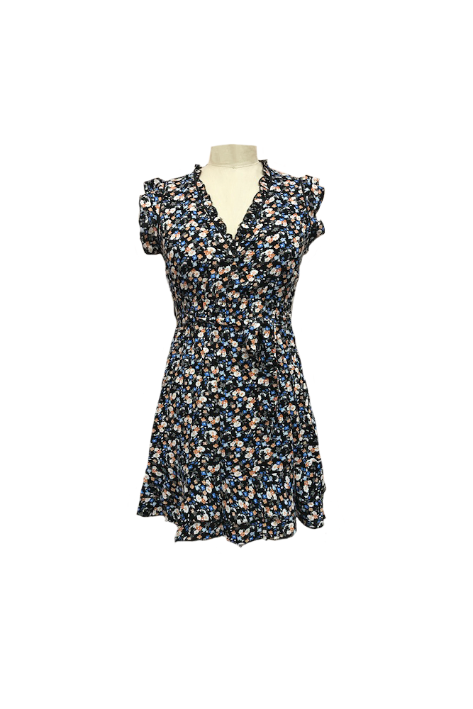 Black Ditsey floral Print Ruffle Detail Dress