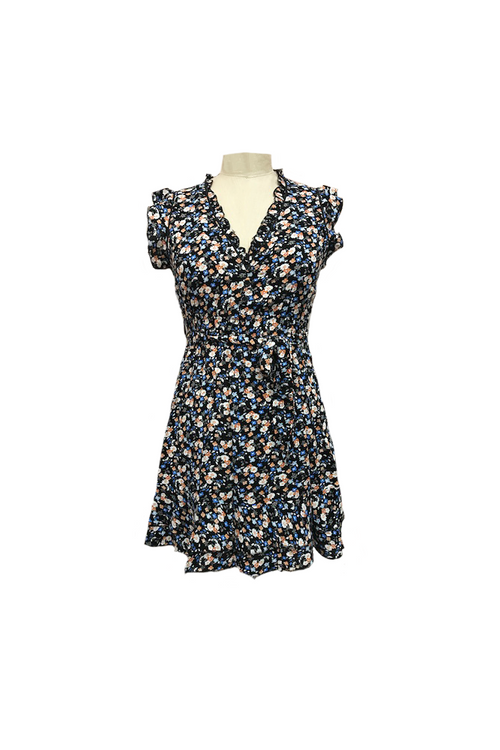 Black Ditsey floral Print Ruffle Detail Dress