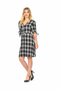 BLACK/WHITE Plaid ButtonDown Cold Shoulder Dress w/ Tie Sleeve