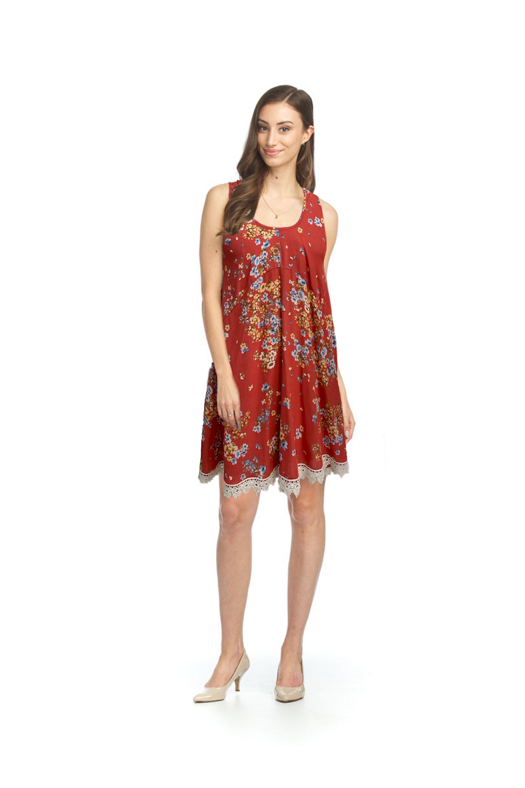 ivory/coral Floral Print Dress with Lace Trim
