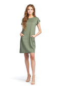 KHAKI Cotton Blend Short Sleeve Dress w Button Dtl