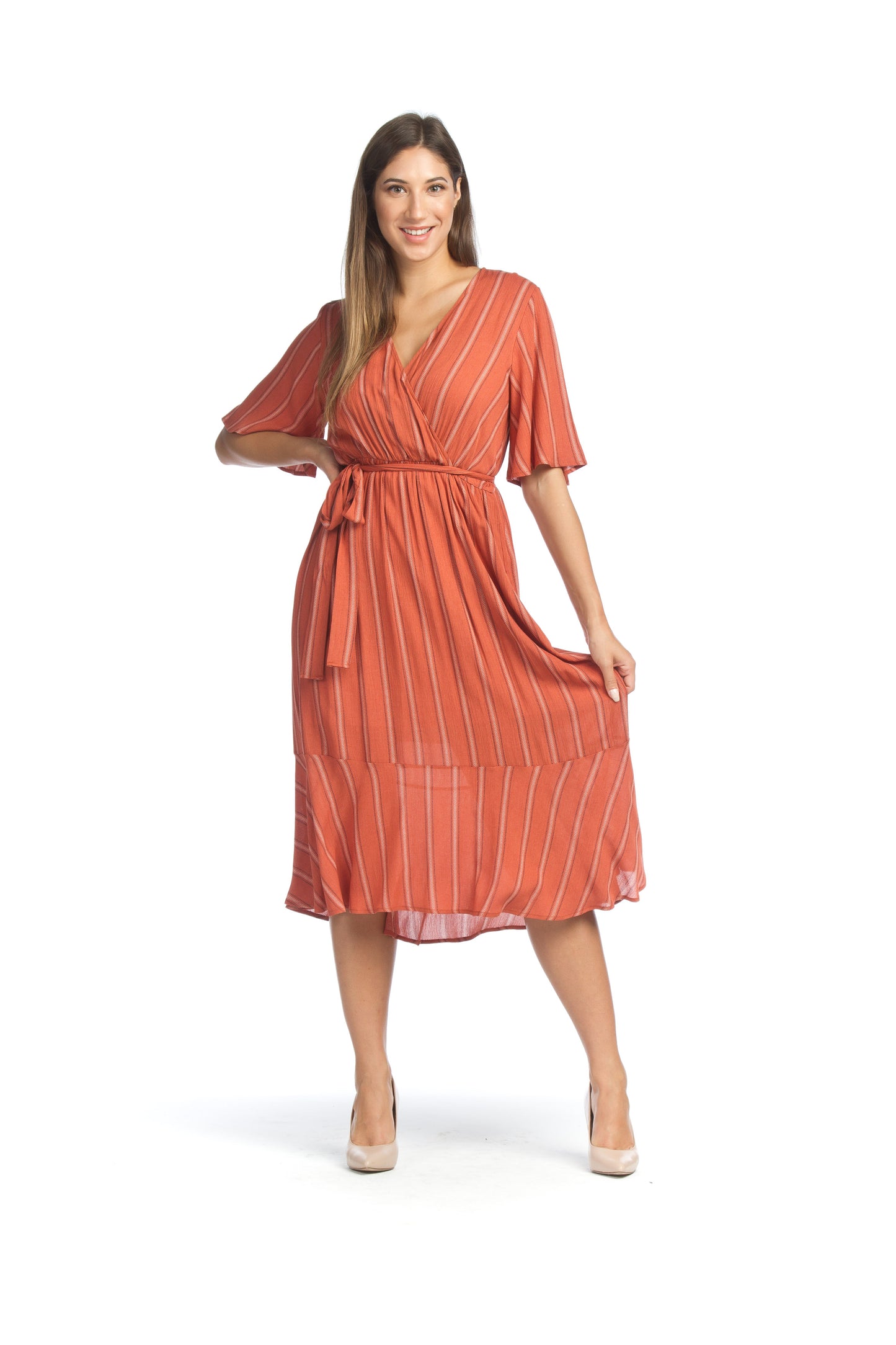 RUST Linier Wrap Look Dress with Elastic Waist