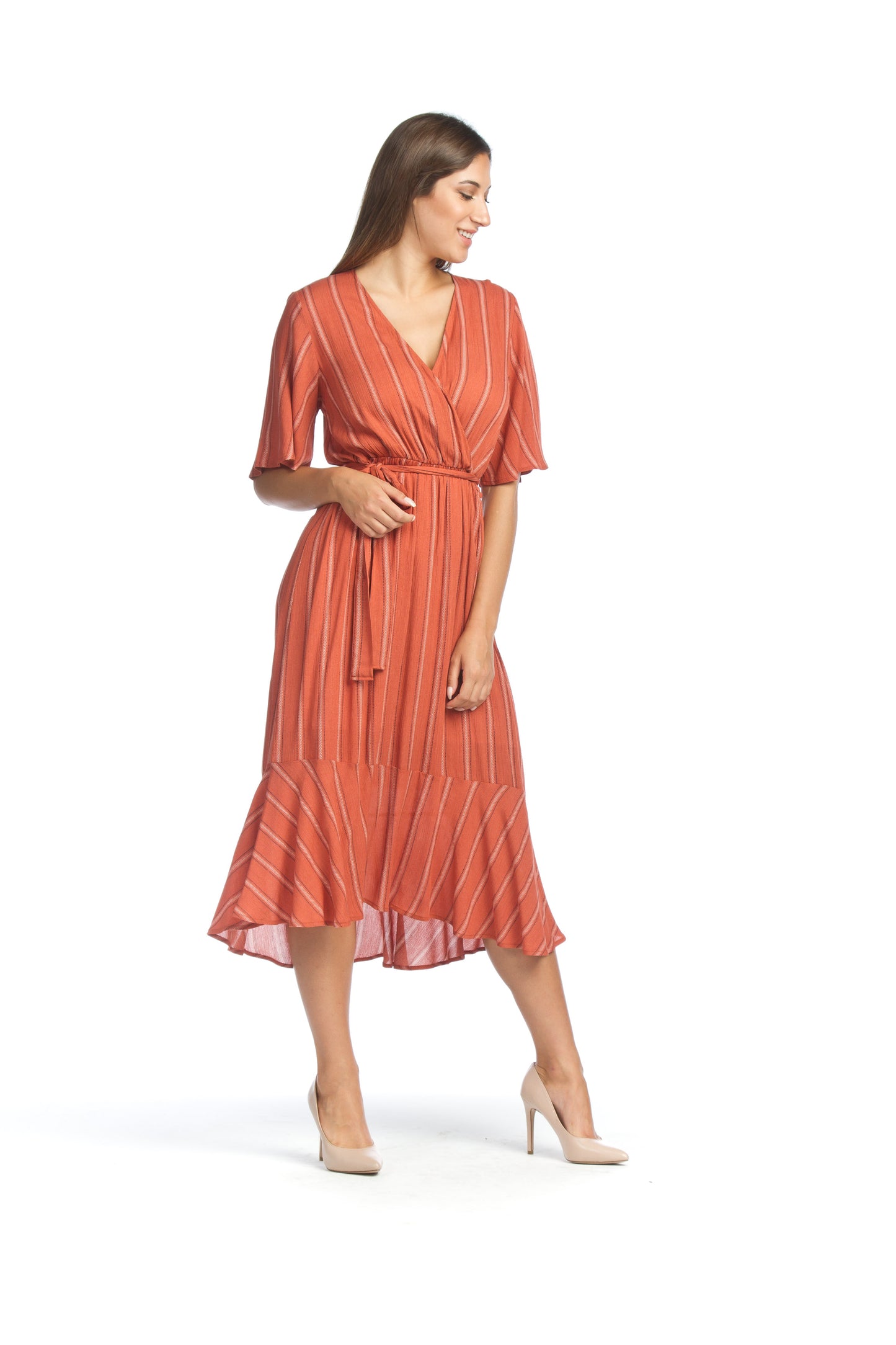 RUST Linier Wrap Look Dress with Elastic Waist