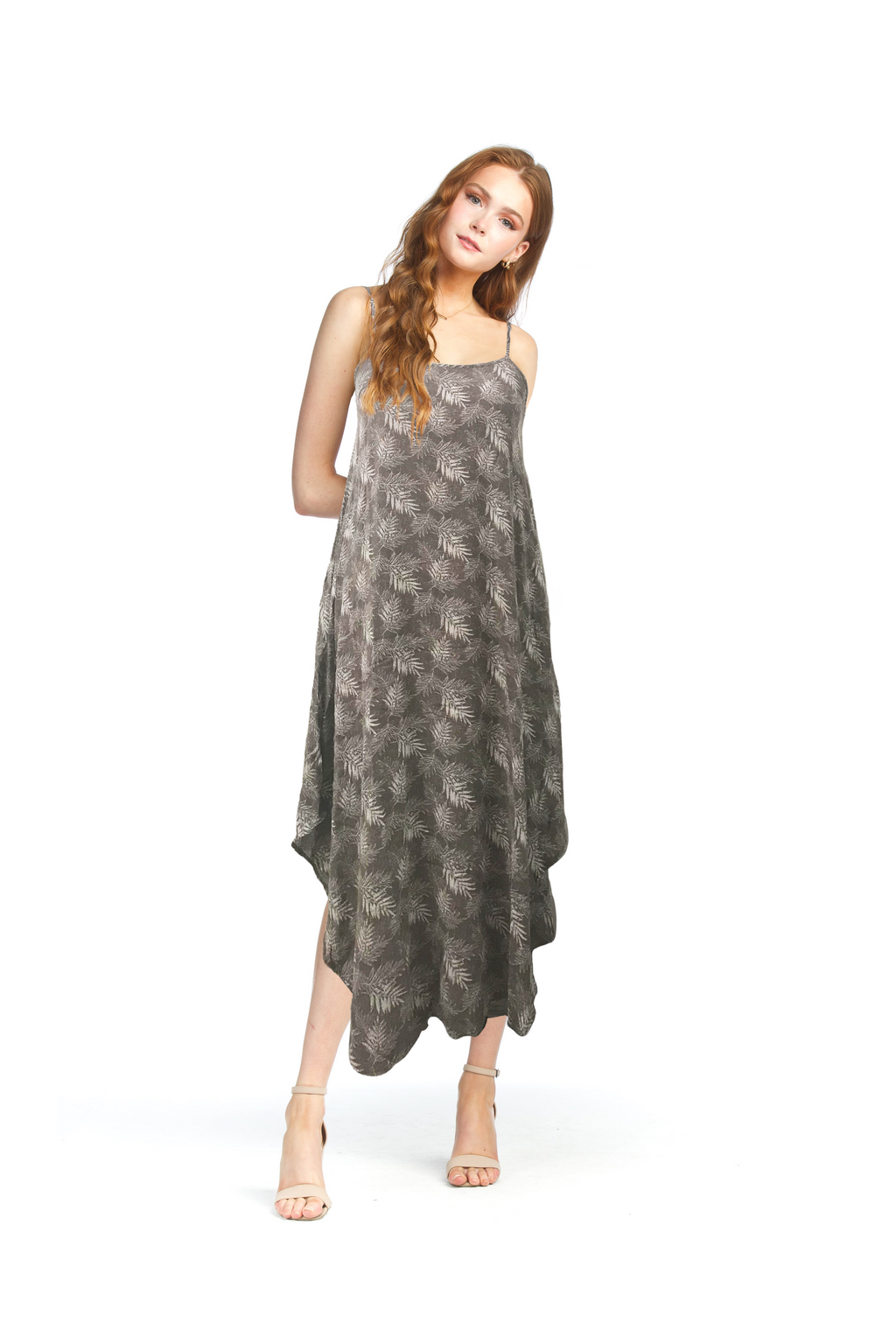 grey Fern Print Slip Midi Dress with Pockets