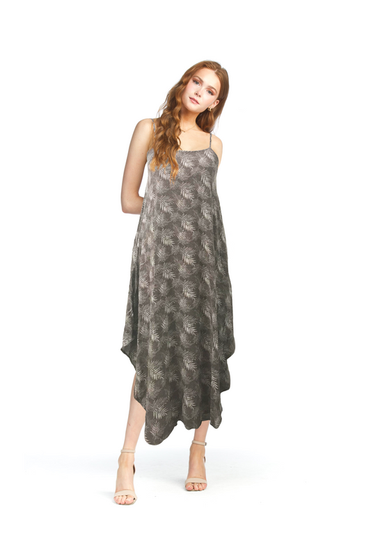 GREY Fern Print Slip Midi Dress with Pockets