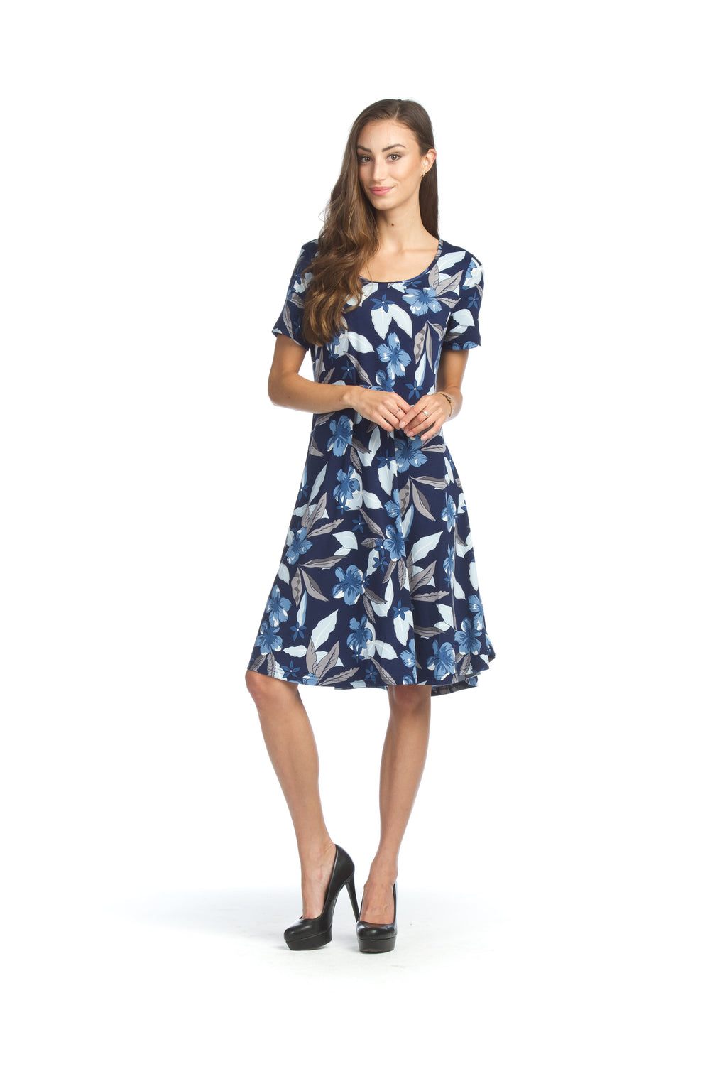 Blue Floral Short Sleeve Stretch ALine w Pockets