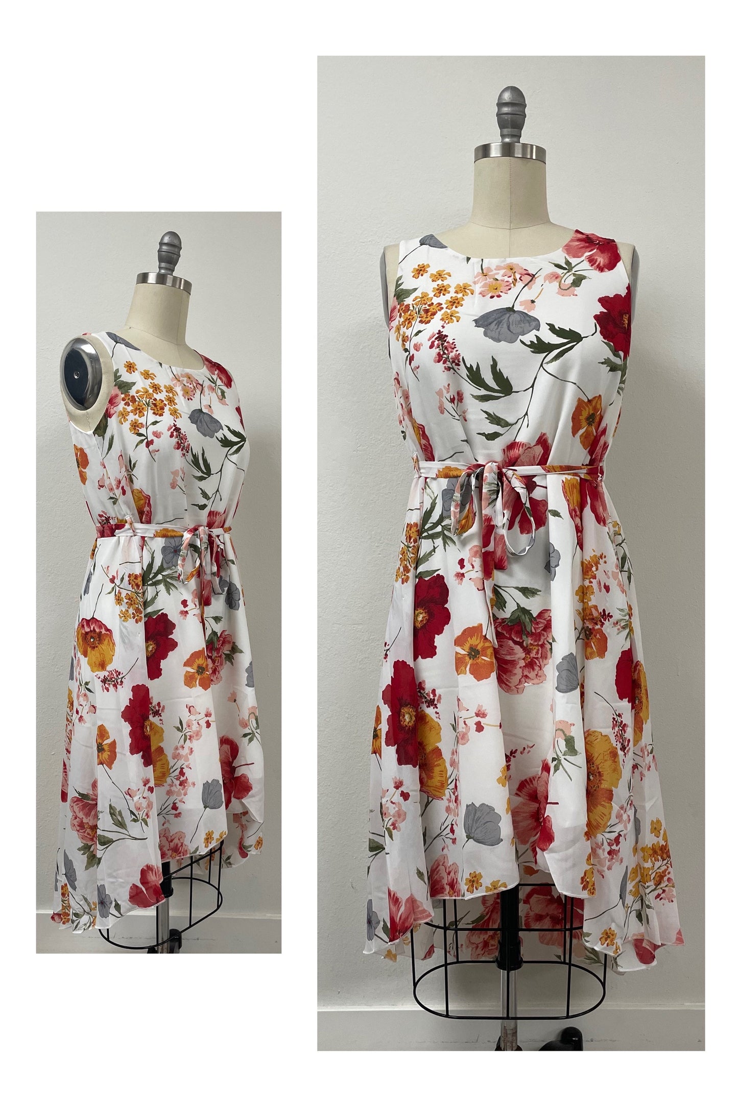 WHITE Floral High Low Dress with Tie Belt