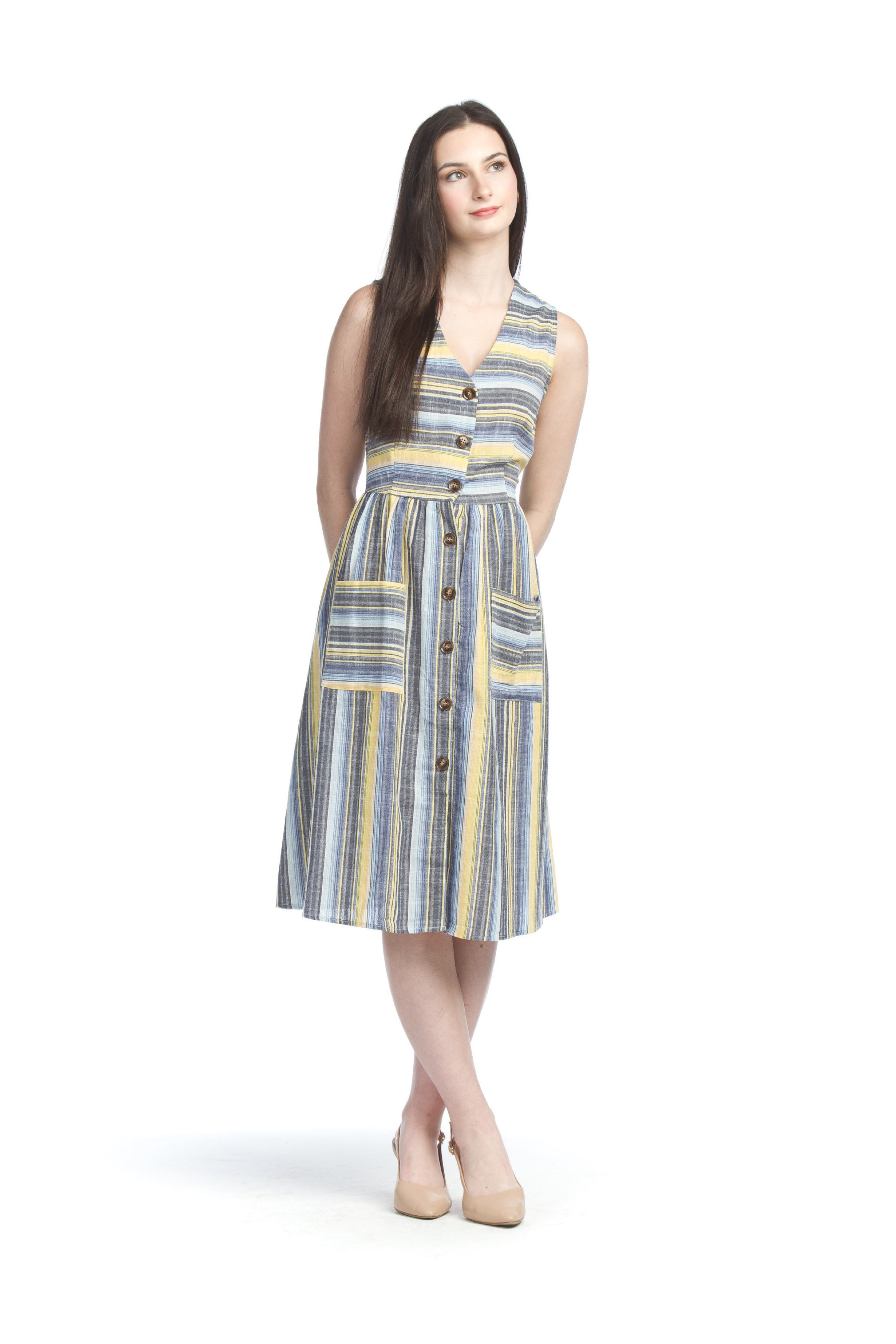 YELLOW Striped Button Front Dress with Pockets