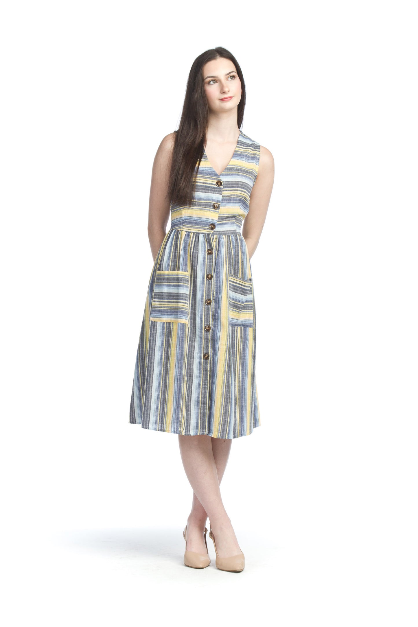 YELLO Striped button Front Dress with Pockets