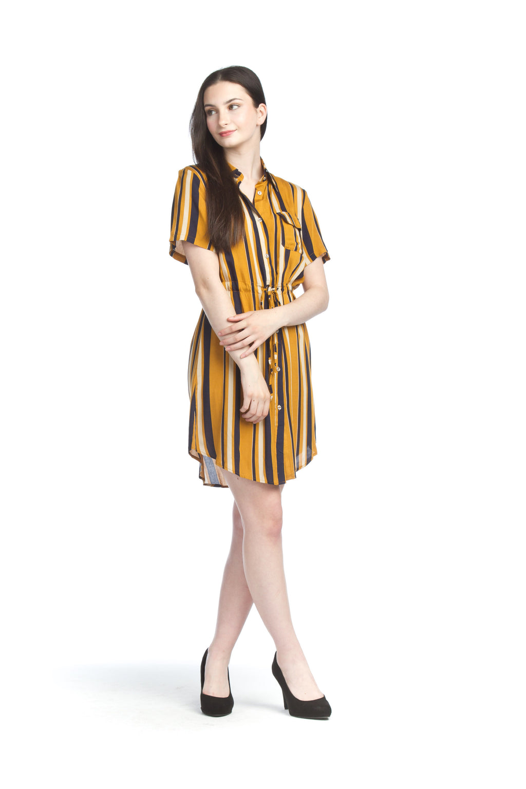 mustard Striped Short sleeve Dress w Drawstring Waist