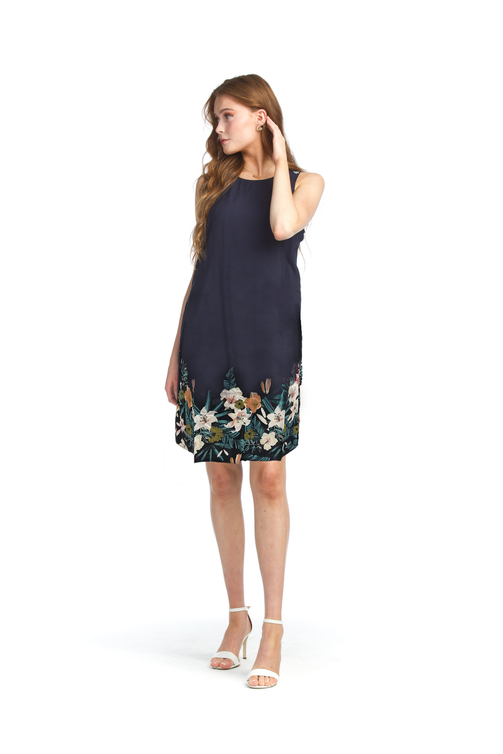 Navy Border Print Dress with Back Zip