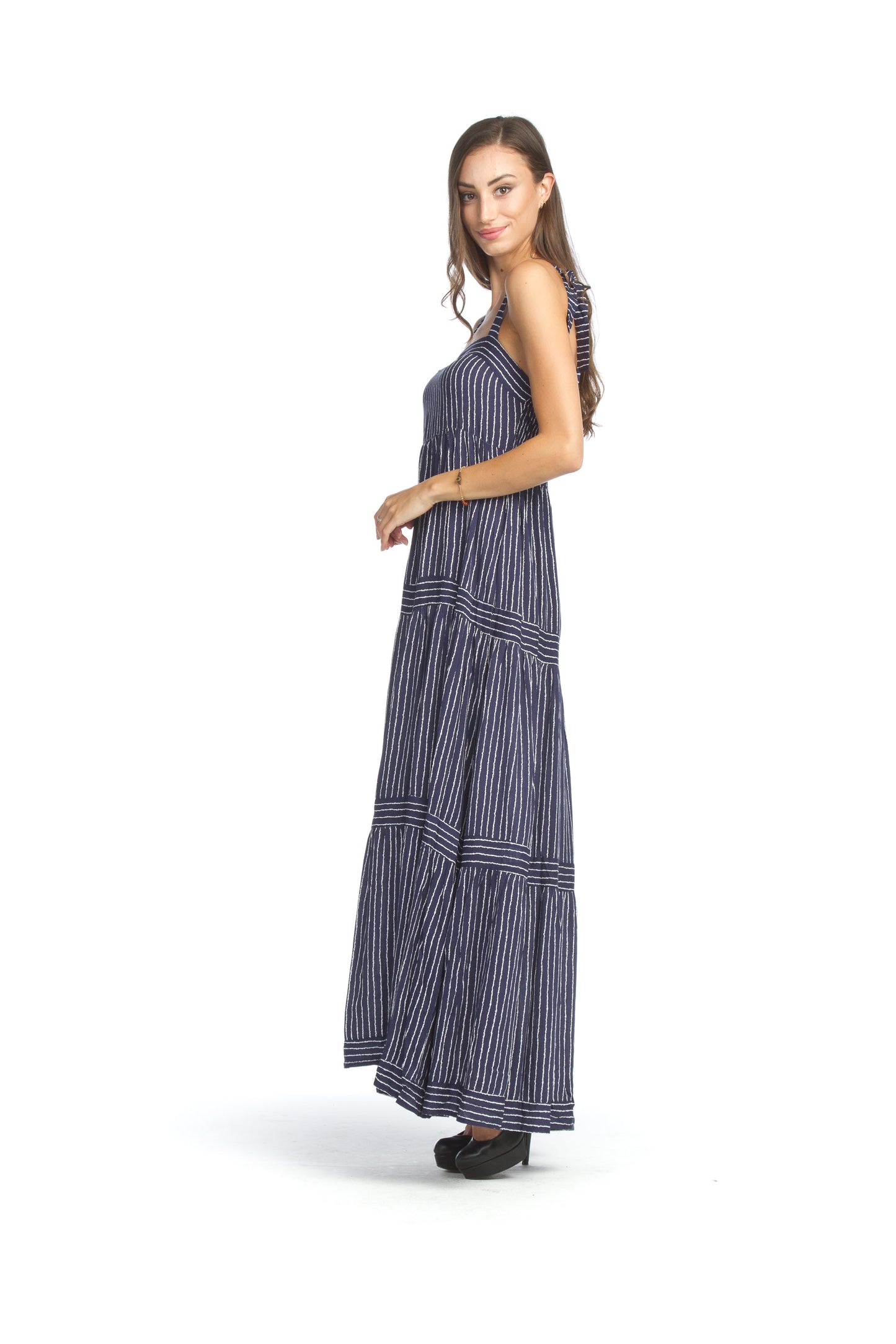 NAVY Striped Tiered Maxi Dress with Smocked Back