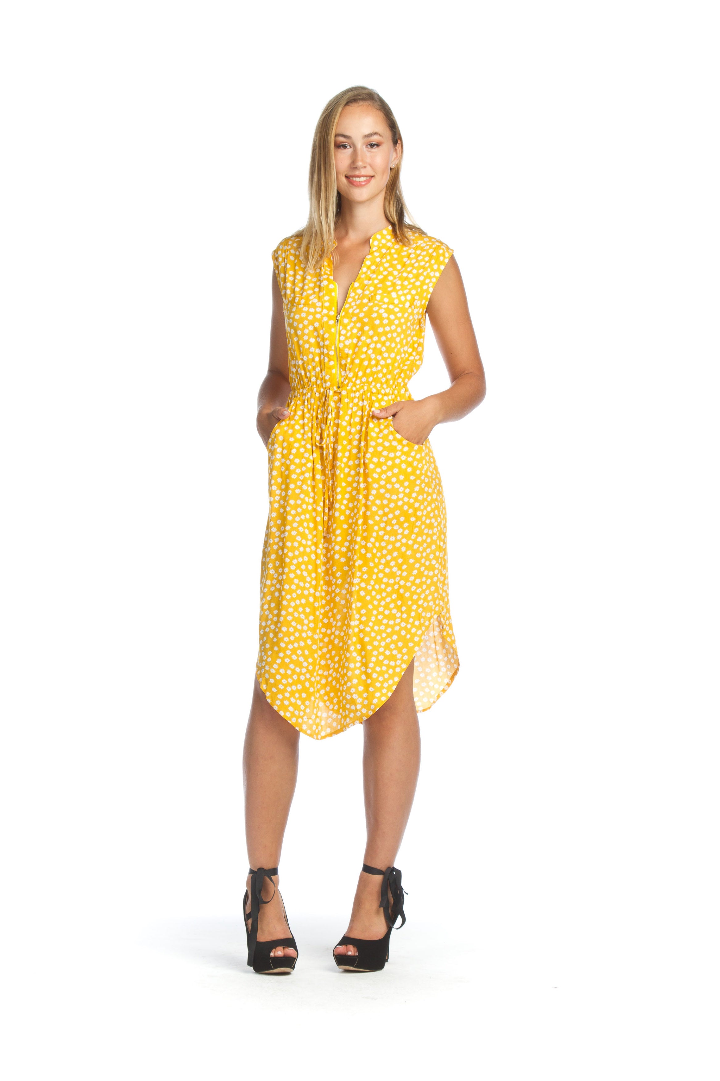 YELLOW Floral Dress with Drawstring Waist