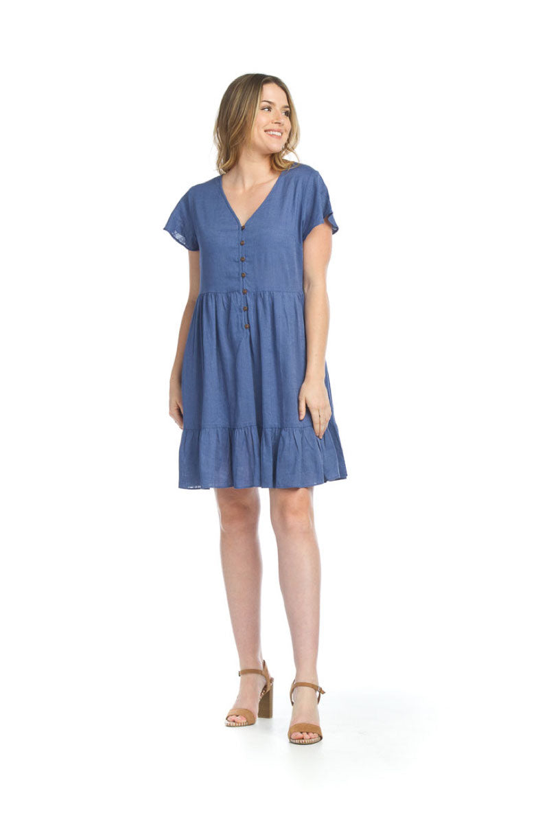 Blue Cotton Blend Short Sleeve Dress  w Ruffle Hem