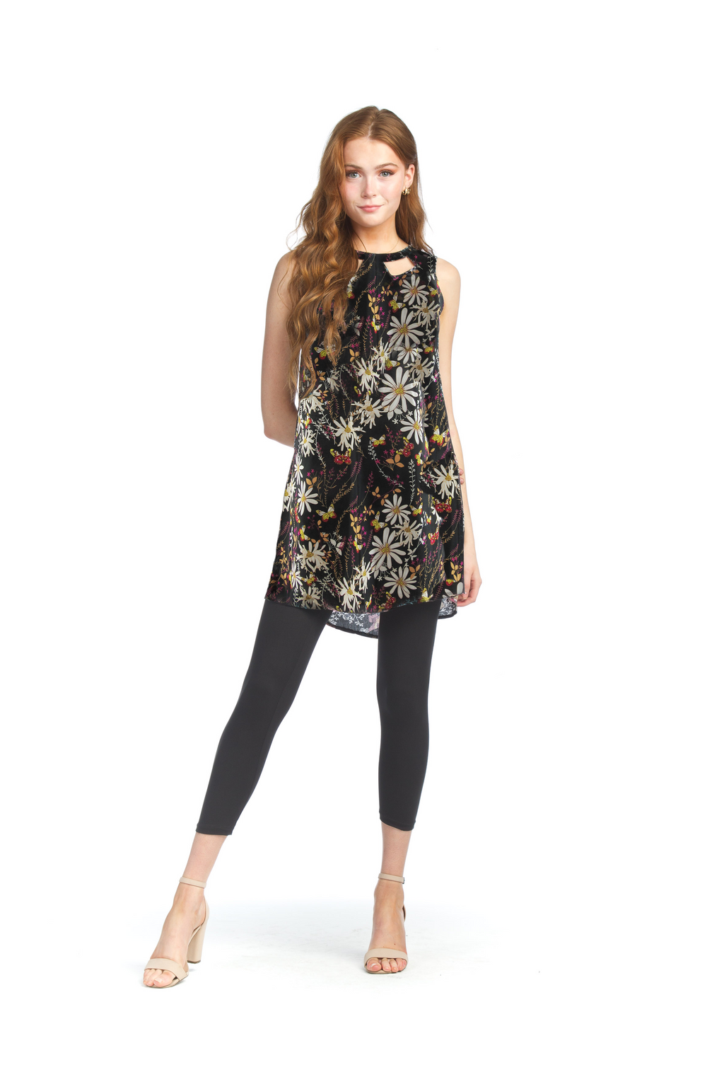 Black Garden Print A-Line Dress with Cutout Detail