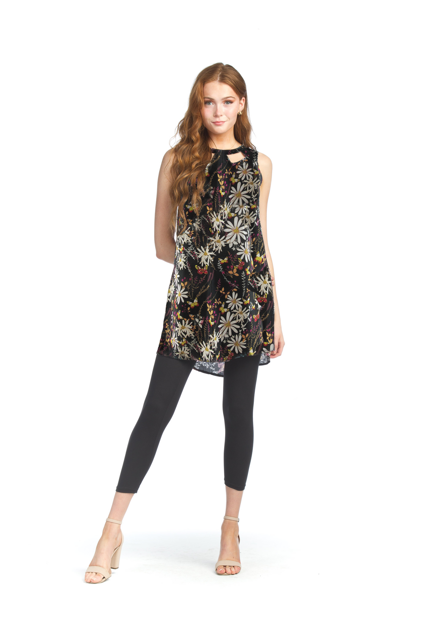 BLACK Garden Print A-Line Dress with Cutout Detail