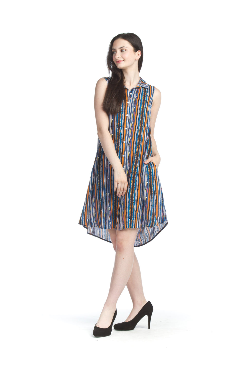 multi Striped Button Front A-Line Dress w Pockets