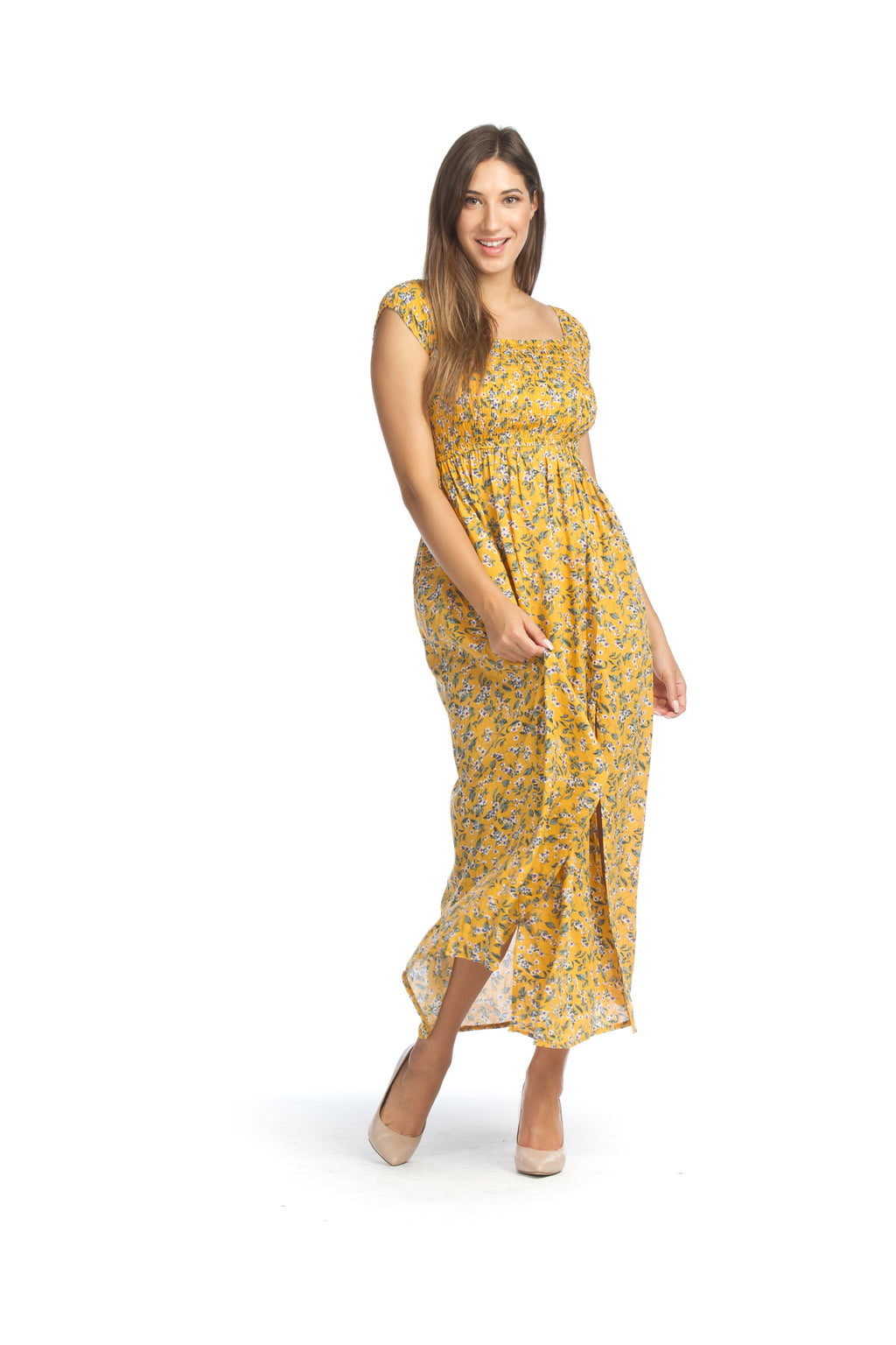 mustard Ditsy floral Smocked Maxi Dress