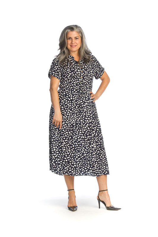 NAVY Spotted Midi Dress with Drawstring Waist