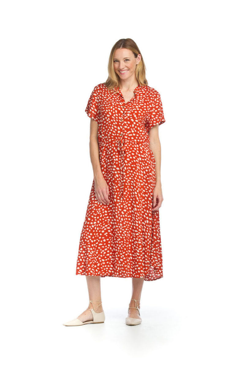 RUST Spotted Midi Dress with Drawstring Waist