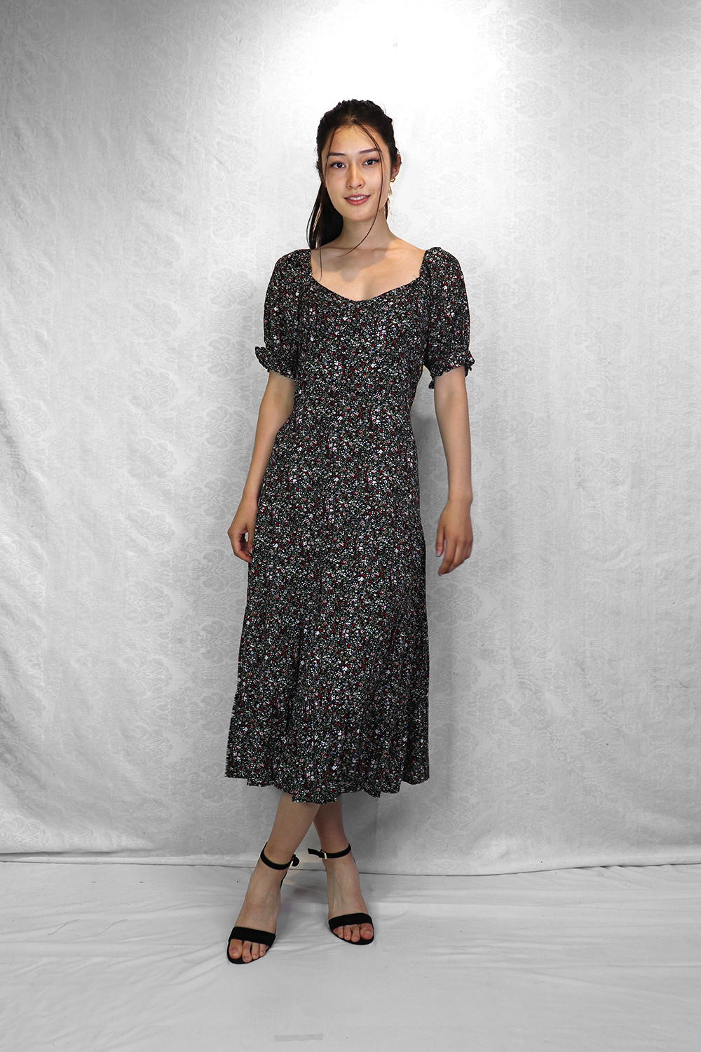 MULTI Floral Midi w Underbust Seam & Puff Sleeves