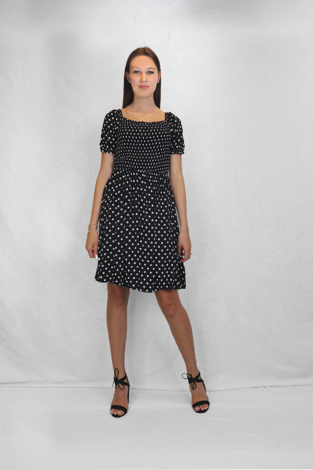 BLKWH Polka Dot Smocked OTS Dress with Puff Sleeves