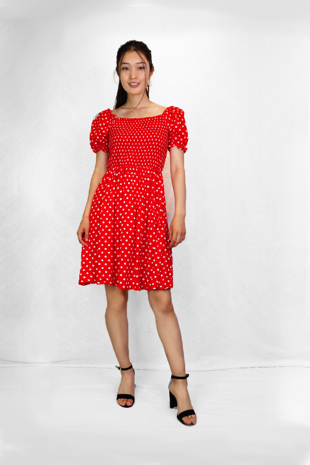 RED Polka Dot Smocked OTS Dress with Puff Sleeves