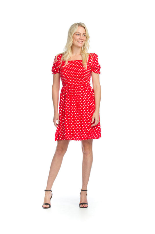 RED Polka Dot Smocked OTS Dress with Puff Sleeves