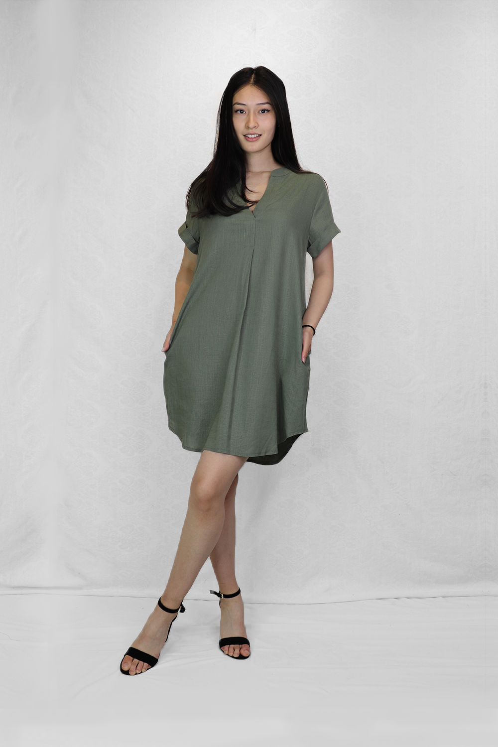 KHAKI T Shirt Dress with Front Pleat and Pockets