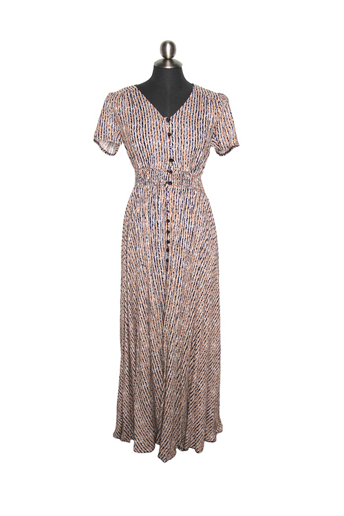 BEIGE Striped Short Sleeve Button Front Maxi Dress