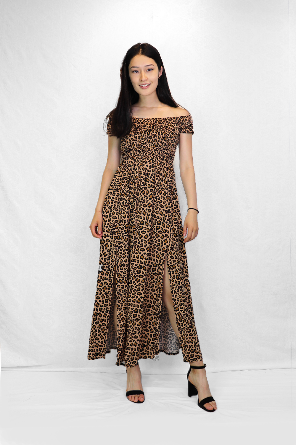 BEIGE Leopard Print OTS Dress