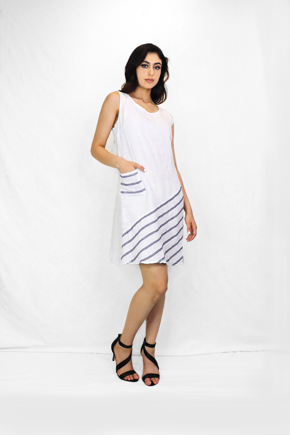 WHITE Cotton Sleeveless Dress w Asymmetrical Stripe