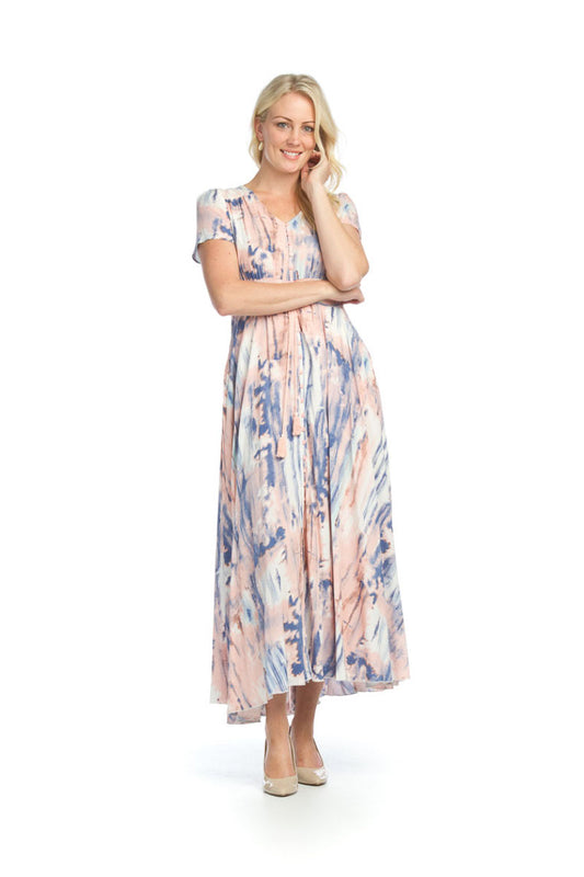 PINK Watercolor Floral S/S Button Front Maxi Dress