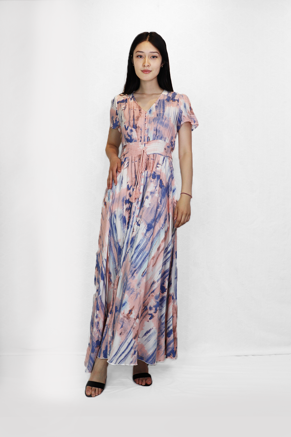 PINK Watercolor Floral S/S Button Front Maxi Dress