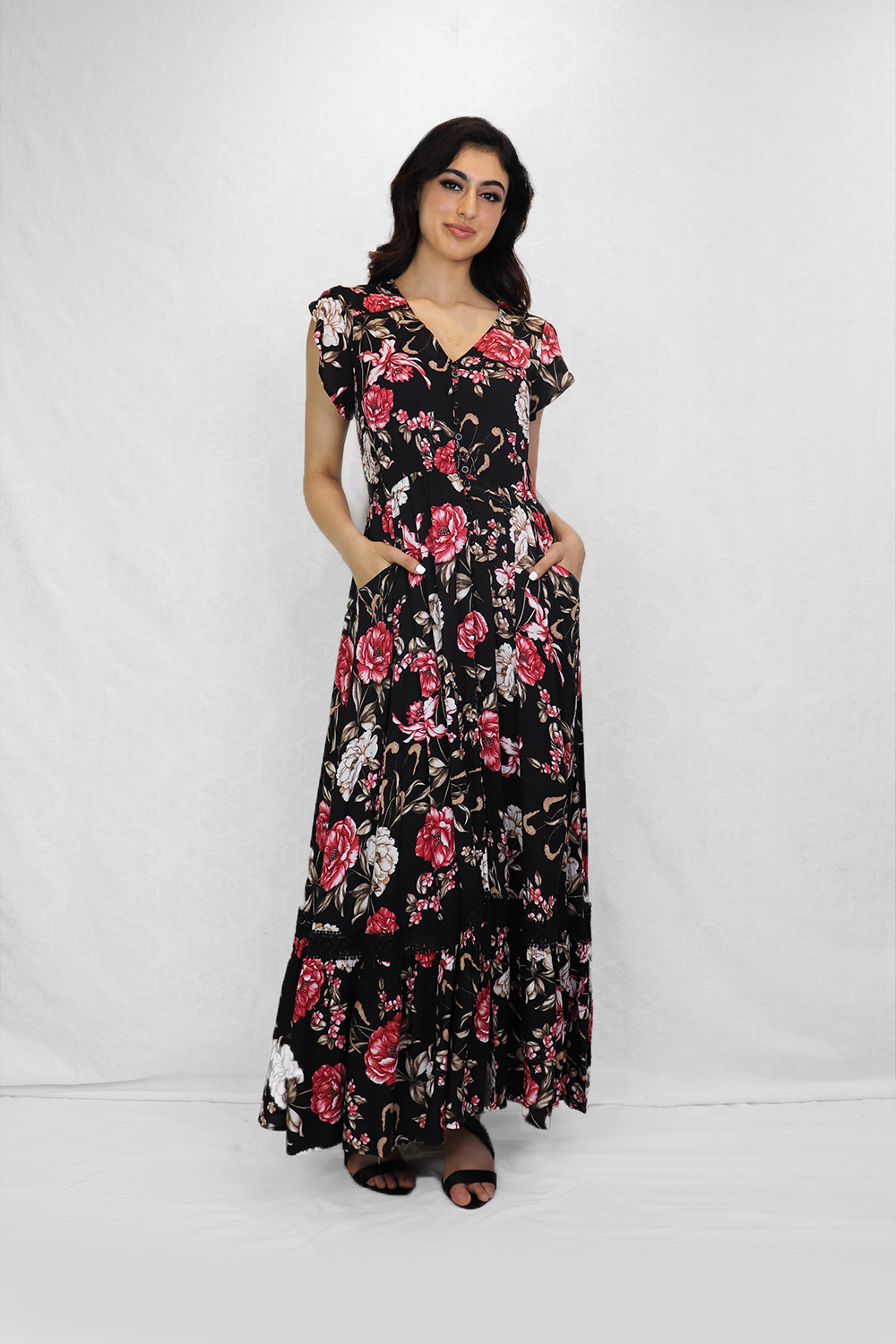 Black Floral Short Sleeve Button Front Maxi Dress - Black / L Black Floral Short Sleeve Button Front Maxi Dress - Black / L