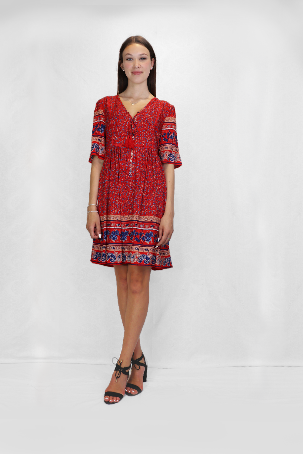 RED Boho ShortSleeve Dress w Lace Inset & Pockets