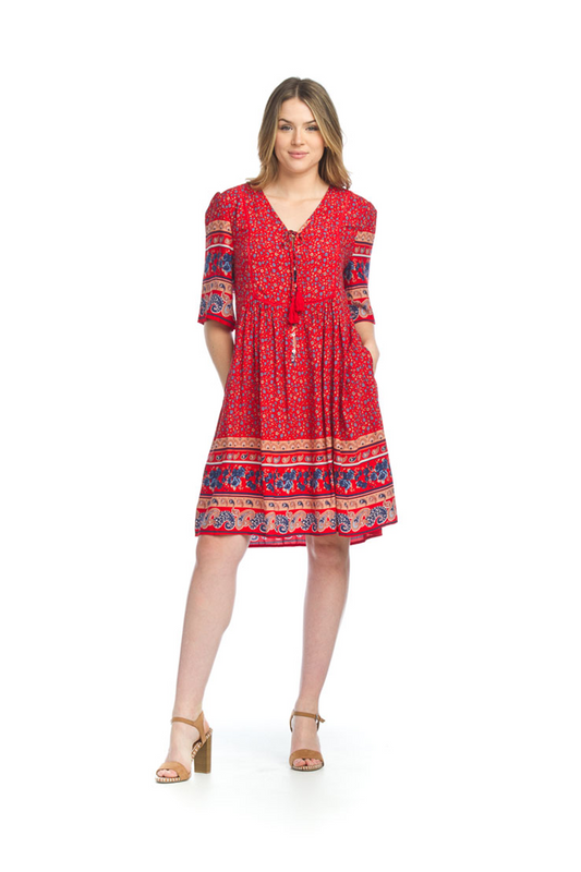 RED Boho ShortSleeve Dress w Lace Inset & Pockets