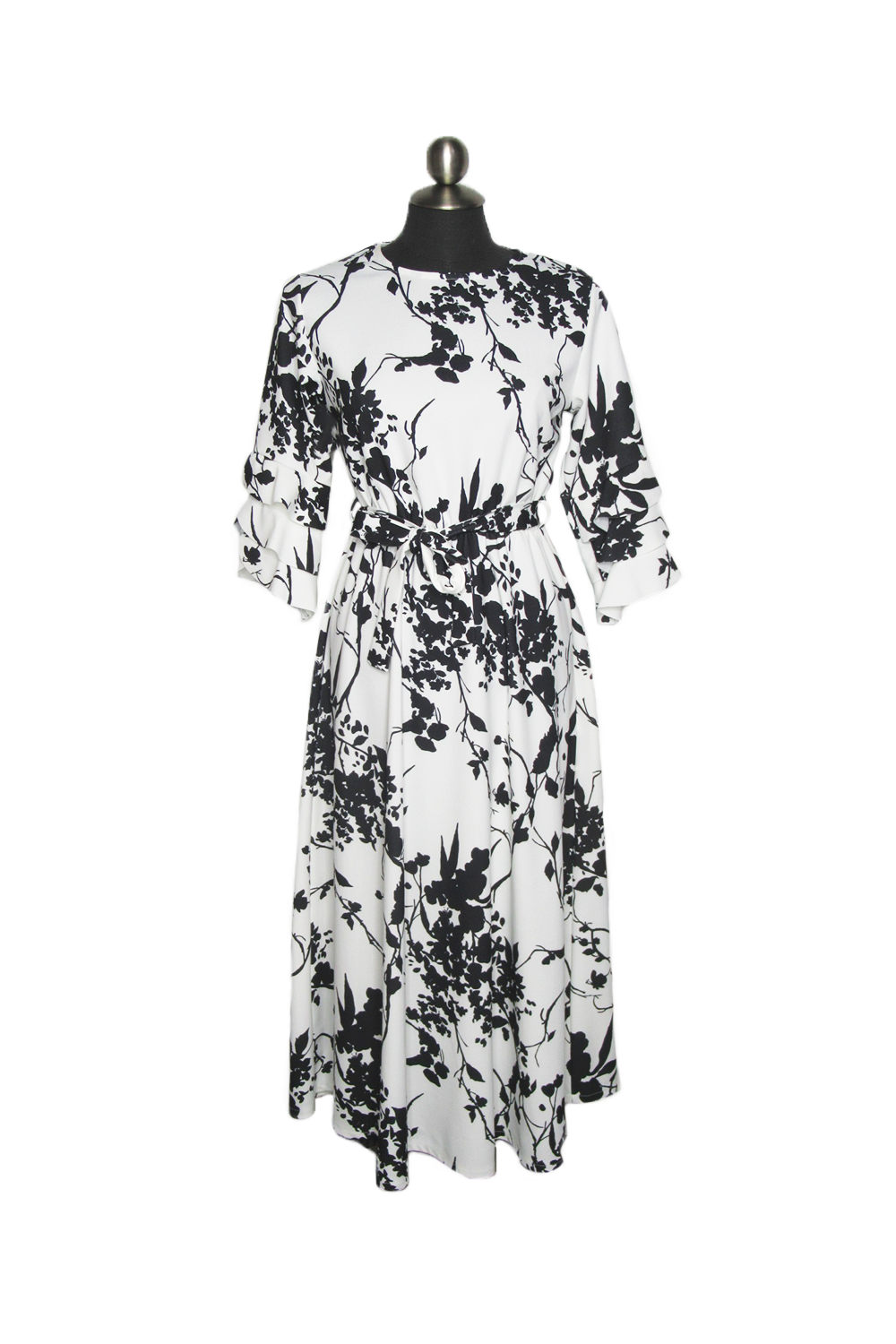 WHTBL Floral Stretch Midi Dress with Tiered Ruffle Sleev