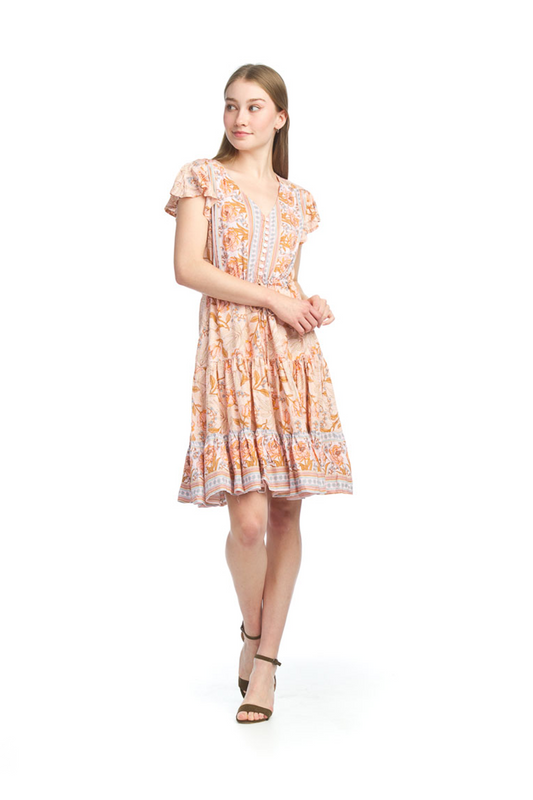 PEACH Boho ShortSleeve Dress w Lace Inset & Pockets