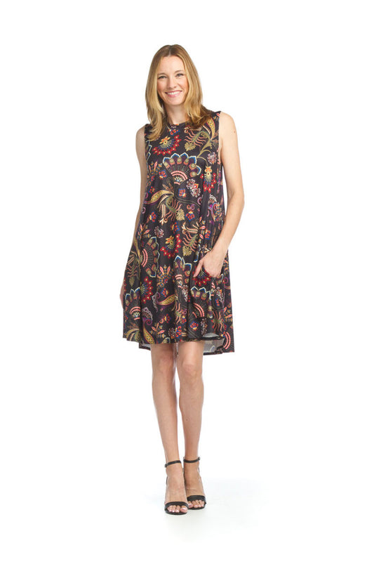 BLACK Satin Look Paisley A-Line Dress with Pockets