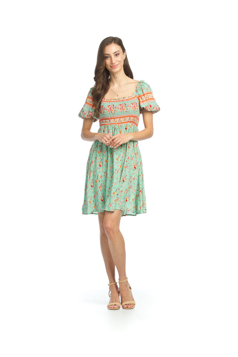 GREEN Smocked Puff Sleeve Dress