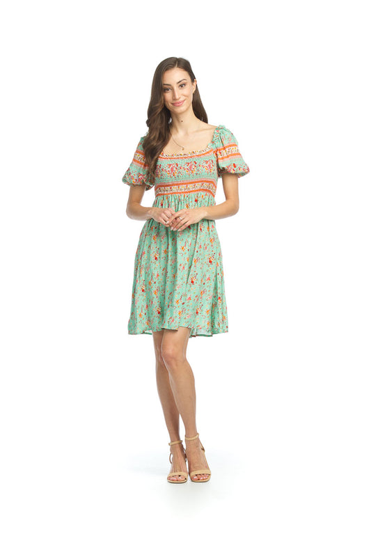 GREEN Smocked Puff Sleeve Dress