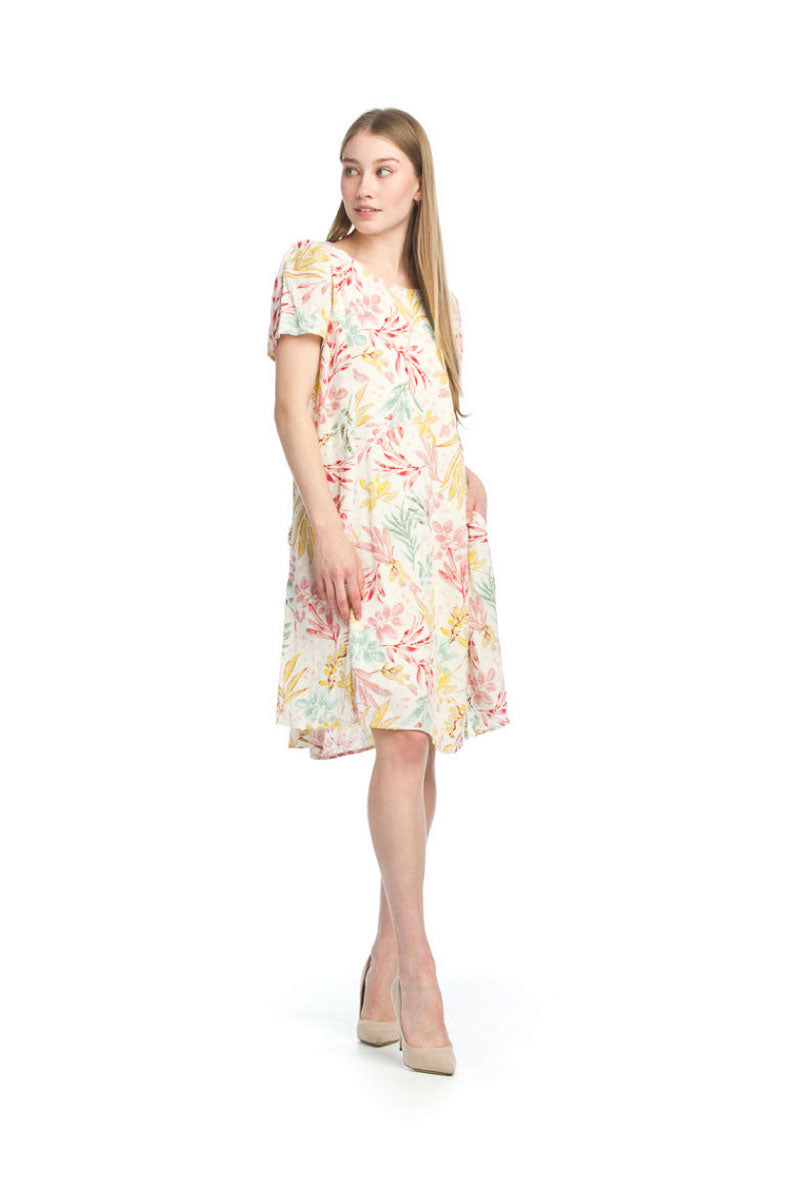 WHITE Floral Stretch Short Sleeve Dress w Pockets