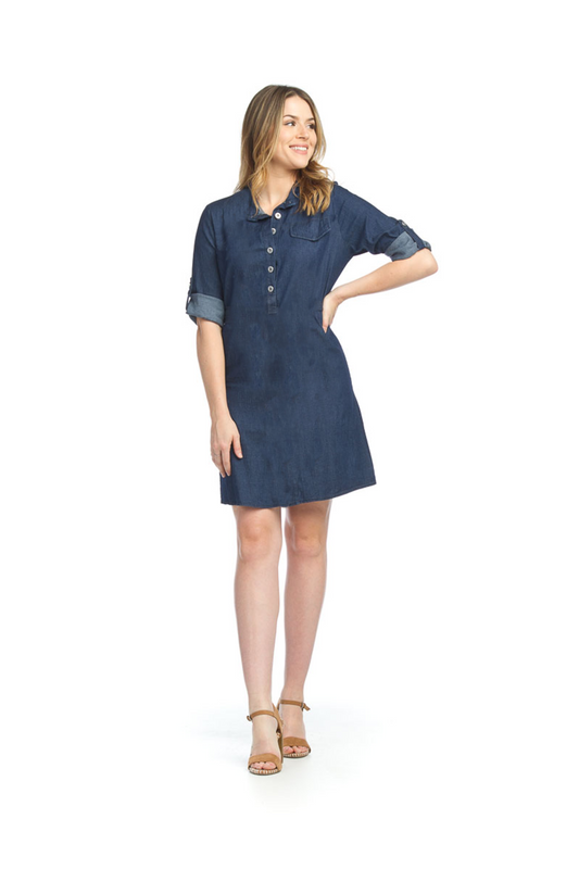 NAVY Denim Shirt Dress with Tab Sleeves