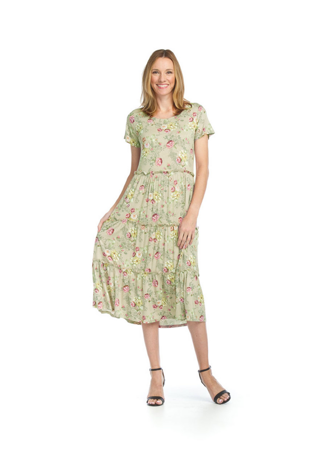 Sage Floral Knit Short Sleeve Tiered Dress