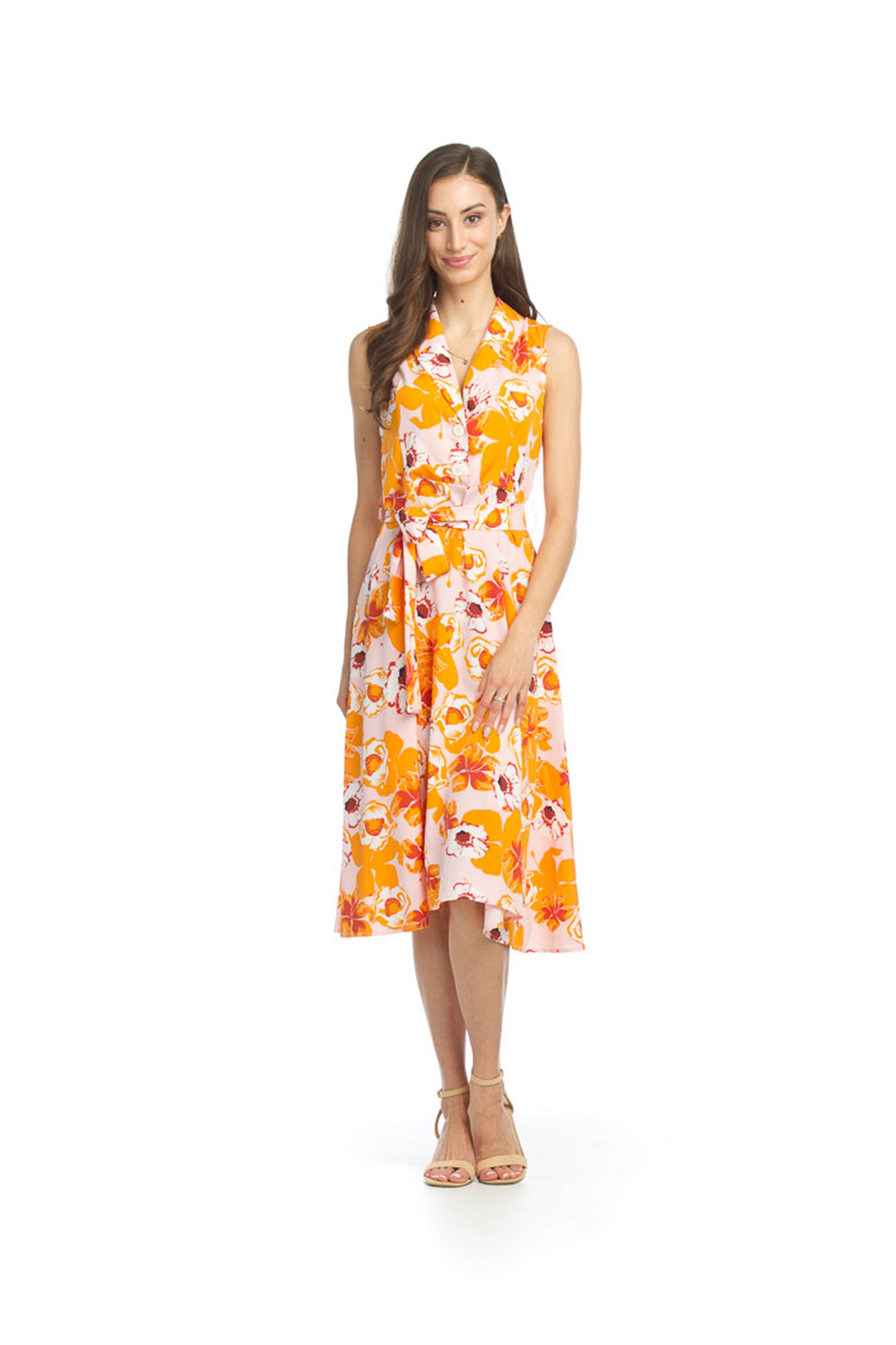 PEACH Floral Collared Dress with Tie Belt