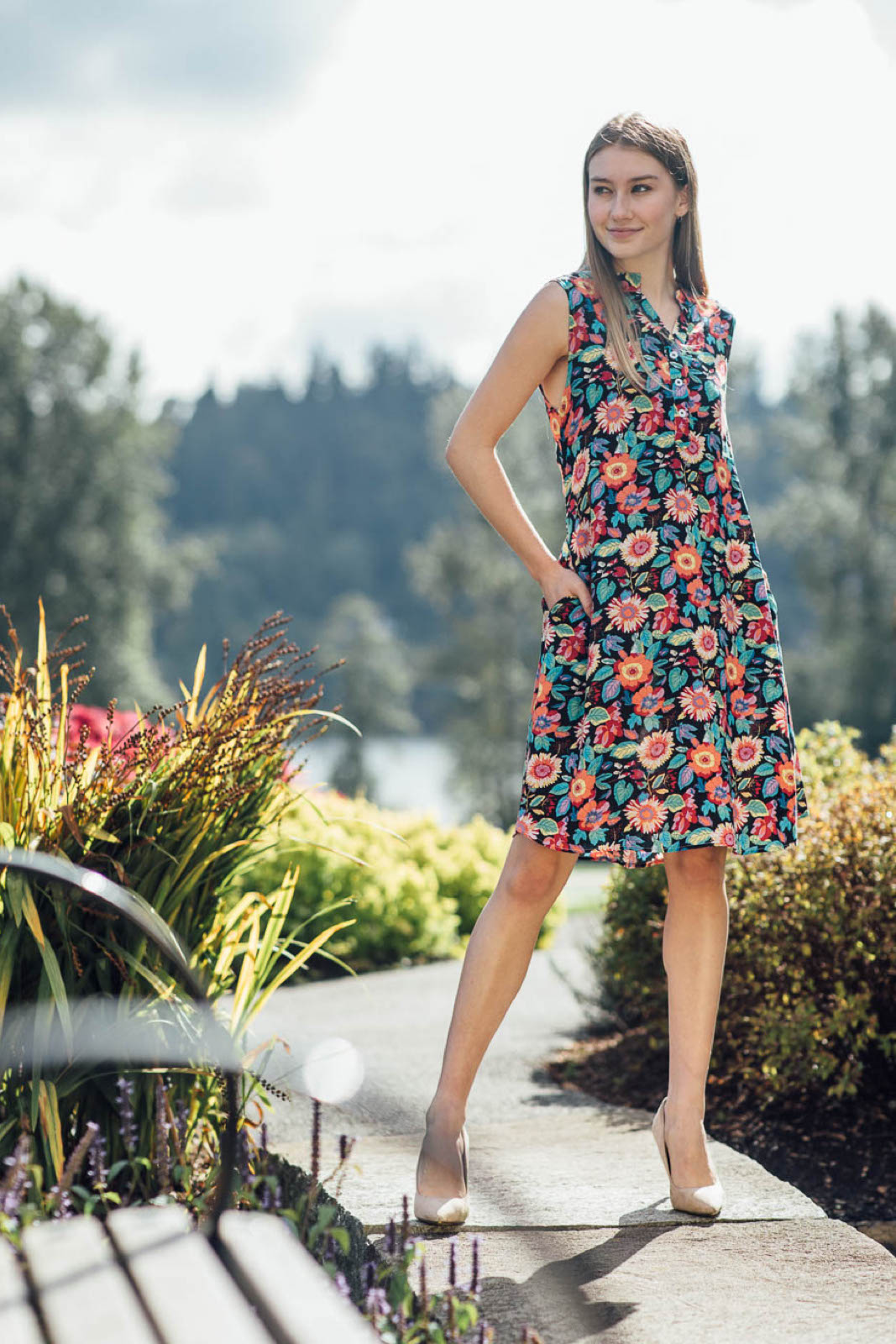 WHITE Floral Henley Dress with Pockets