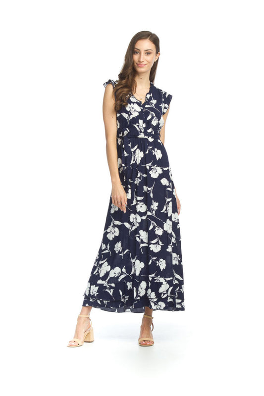 NAVY Floral Ruffle Midi Henley Dress